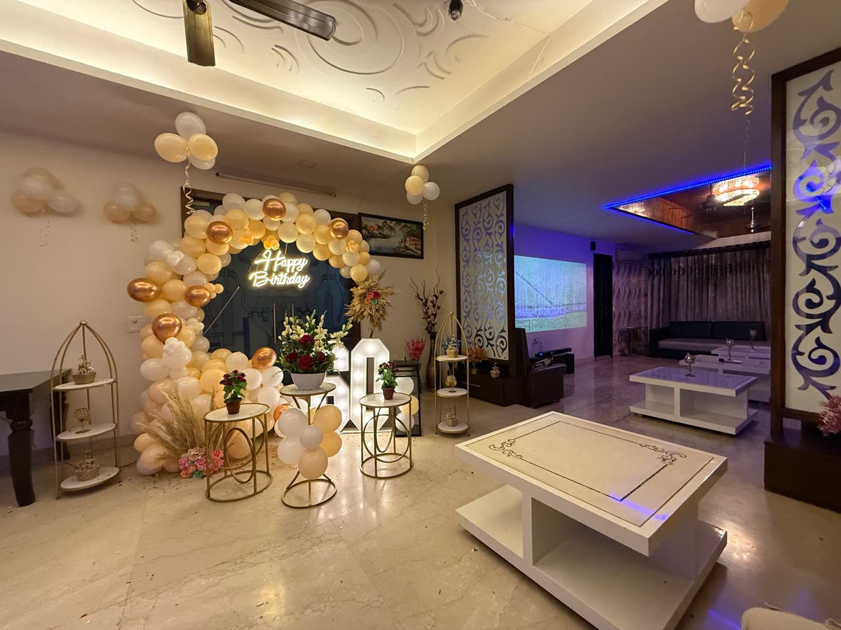 Party hall decorated for a 60th birthday